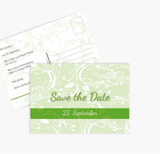 Save-the-Date Blättertraum Grasgruen 148x105mm