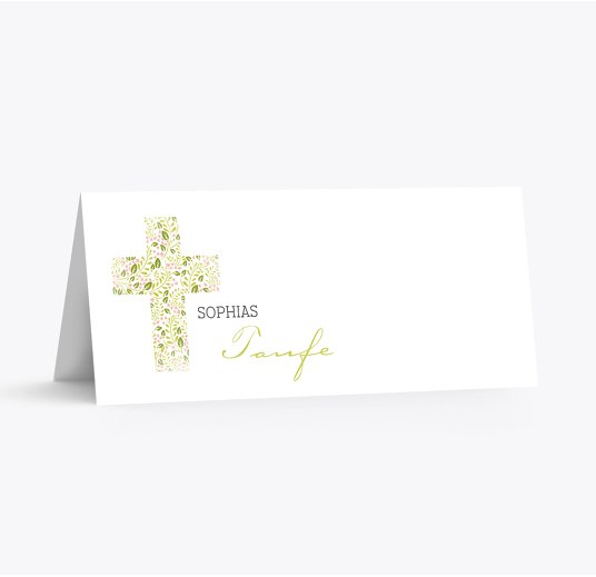 Taufe Tischkarte Blumenkreuz Lindgrün 100x44mm