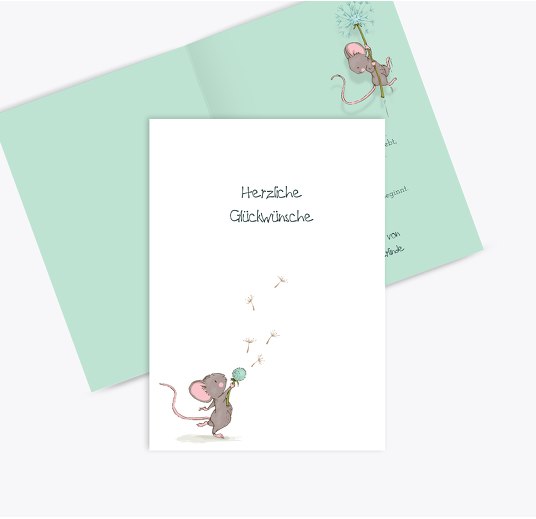 Glückwunschkarte zur Geburt Mäuschen HellTürkis 105x148mm