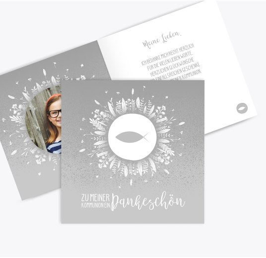 Kommunion Dankeskarte Blumenfisch Grau 145x145mm