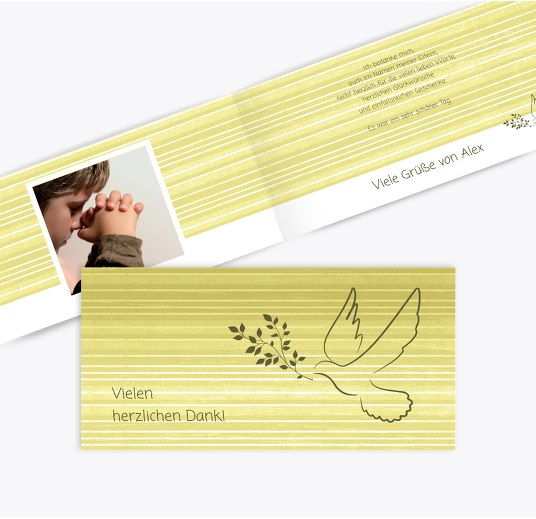 Kommunion Dankeskarte Taube 2 MattGelb 215x105mm