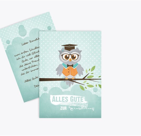 Glückwunschkarten Einschulung Eule PastellHellTürkis 105x148mm