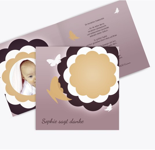 Baby Dankeskarte Blütenzauber BeigeOrange 145x145mm