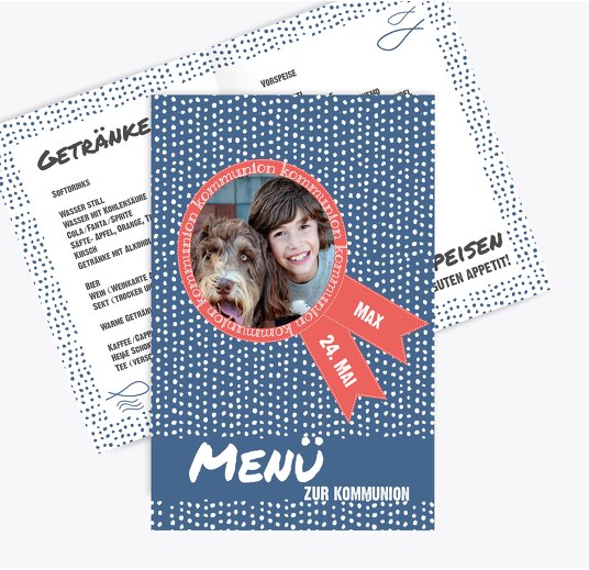 Kommunion Menükarte Punkte Blau 148x210mm