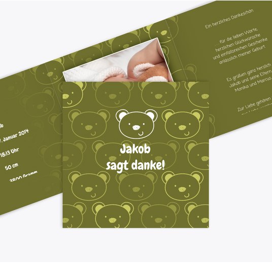 Baby Dankeskarte Bärchen Matschgrün 145x145mm