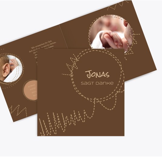 Baby Dankeskarte Naht braunmatsch 145x145mm