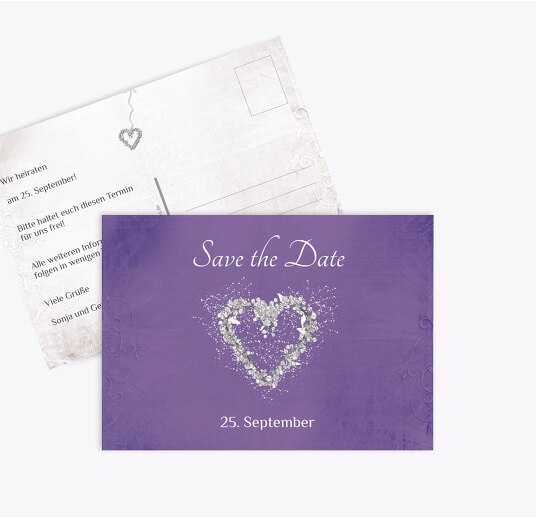 Hochzeit Save the Date glamour heart LilaFlieder 148x105mm