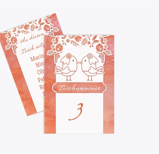 Tischnummer Vogelpaar - Frauen PfirsichOrange 105x148mm