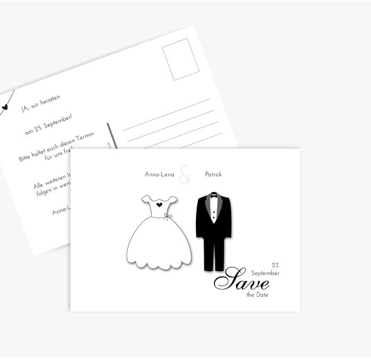Hochzeit Save-the-Date dress and suit Weiß 148x105mm