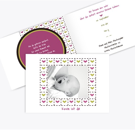 Geburtskarte Herzrahmen Matschgrün 148x105mm