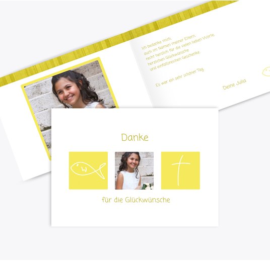 Kommunion Dankeskarte White KräftigHellGelb 148x105mm