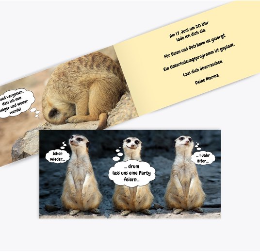 Einladungskarte zum Geburtstag Erdmännchen champagner 215x105mm