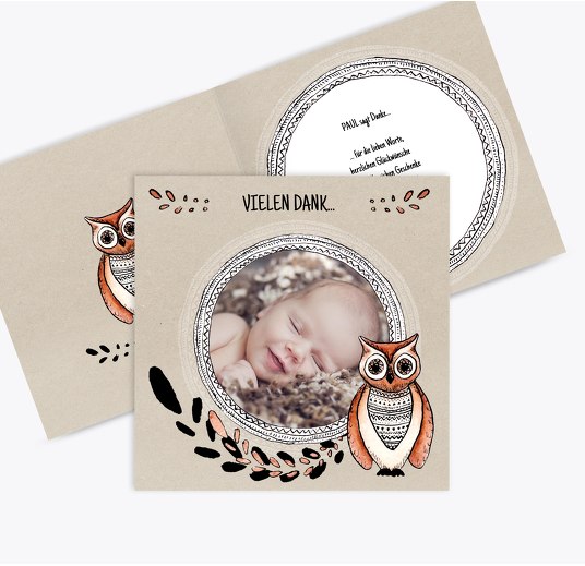 Baby Dankeskarte Vintage Eule OckerBeige 145x145mm