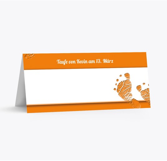 Taufe Tischkarte Footprints Orange 100x44mm