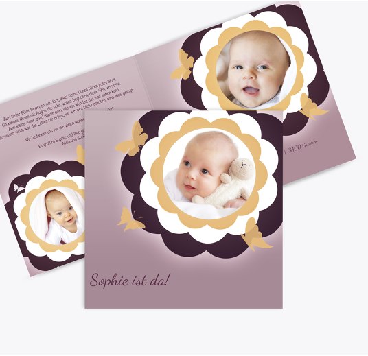 Geburtskarte Blütenzauber BeigeOrange 145x145mm