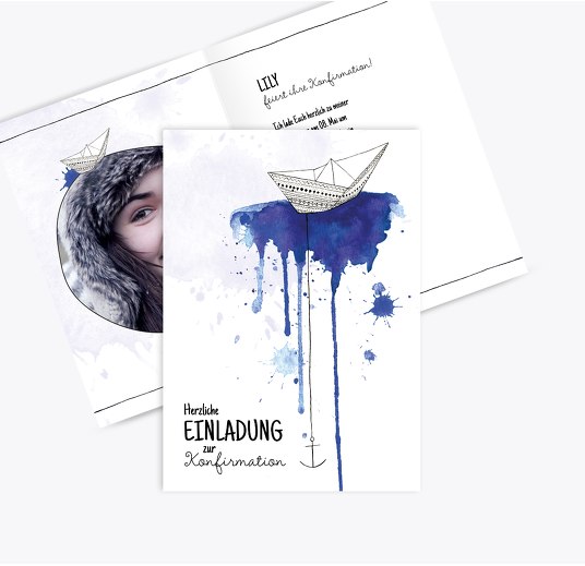 Einladungskarte zur Konfirmation Origamischiff Blau 105x148mm
