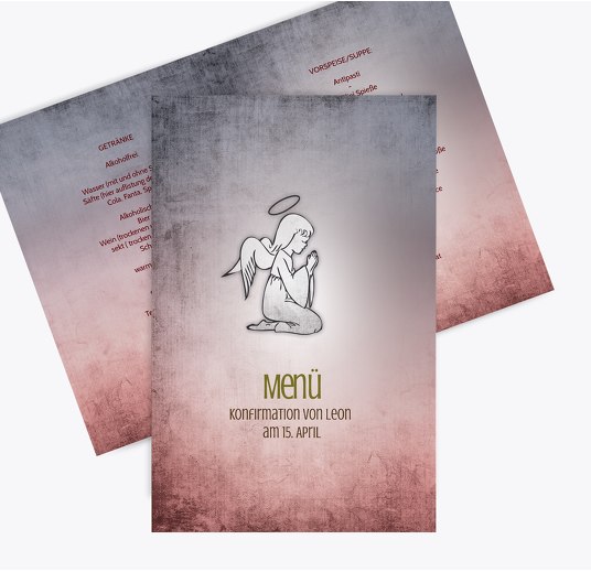 Menükarte Konfirmation grunge Engel HellRotMatt 148x210mm