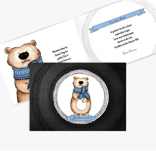 Glückwunschkarte zur Geburt Vintage Bär MattBlau 148x105mm