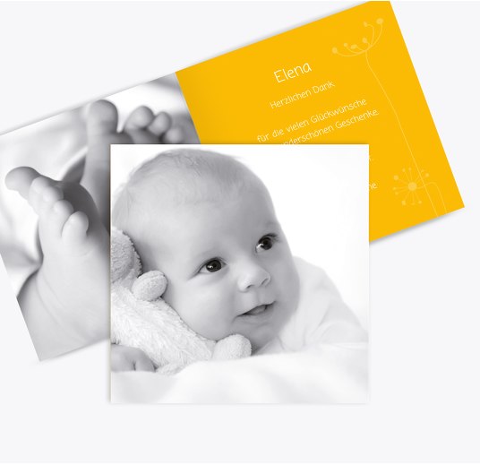 Baby Dankeskarte abstrakte Blumen Sonnengelb 145x145mm