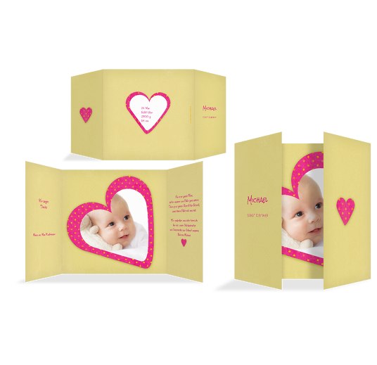 Baby Dankeskarte Herzform MattGelb 145x145mm
