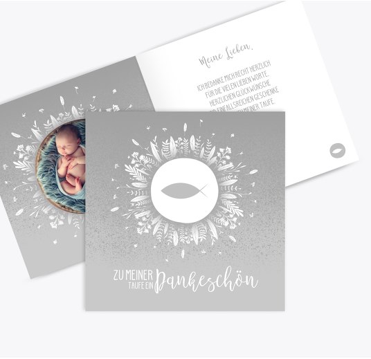 Taufe Dankeskarte Blumenfisch Grau 145x145mm
