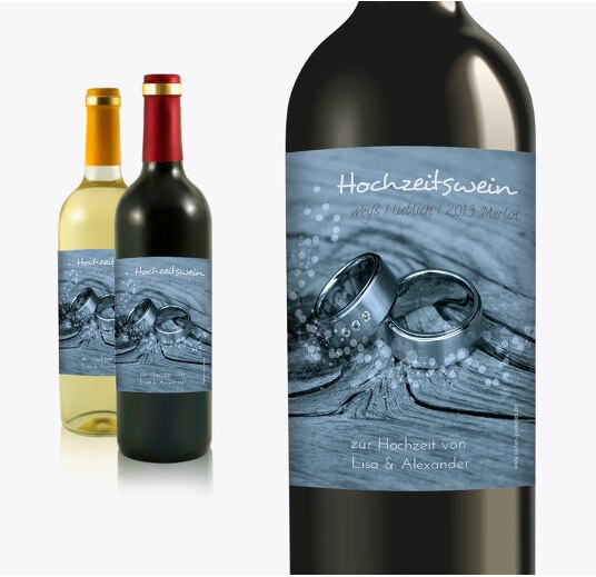 Hochzeit Flaschenetikett Eheringe MattBlauDunkler 90x120mm