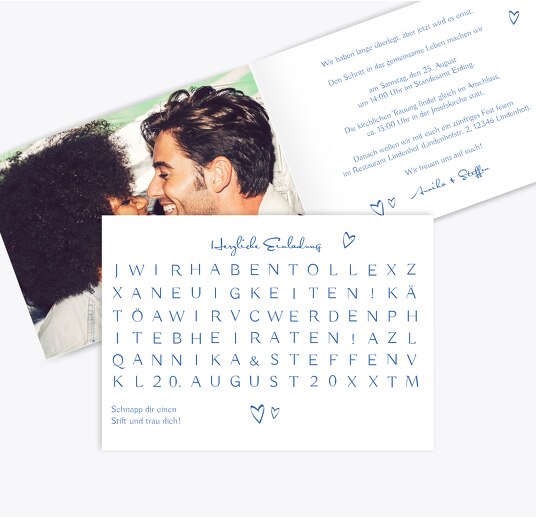 Hochzeit Einladung Buchstabenrätsel Blau 148x105mm