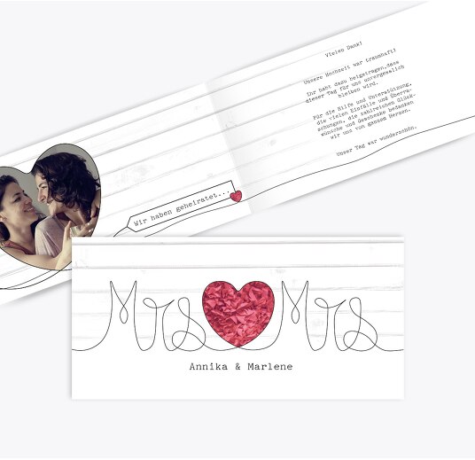 Hochzeit Dankeskarte Mrs&Mrs PinkLeuchtend 215x105mm