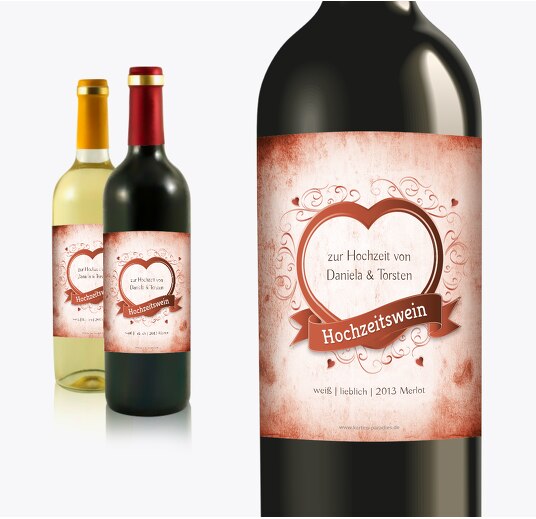 Hochzeit Flaschenetikett Herz dunkelorange 90x120mm