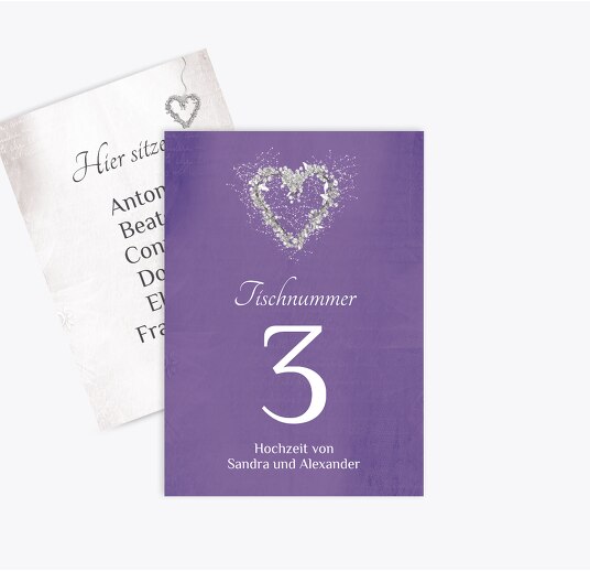 Tischnummer glamour heart LilaFlieder 105x148mm