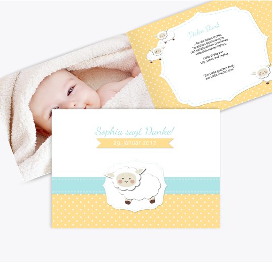 Baby Dankeskarte Schäfchenherde SoftGelbOrange 148x105mm