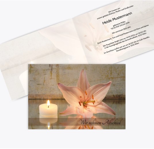 Trauerkarte Kerze und Blume quer Rosa 170x114mm