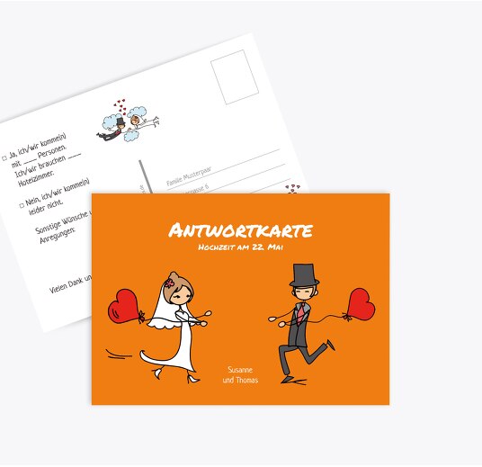 Hochzeit Antwortkarte Comic Brautpaar Orange 148x105mm