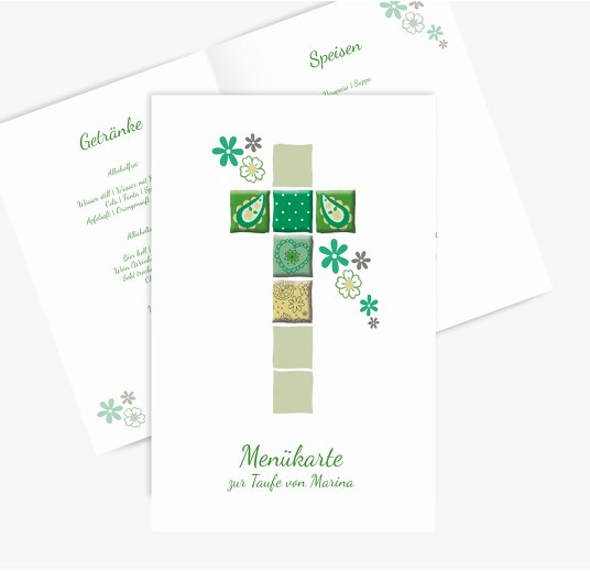 Menükarte Florales Kreuz Blattgrün 148x210mm