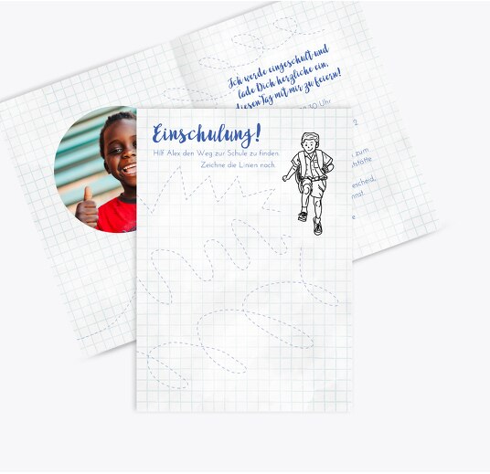 Einladung Einschulung Zickzacklinien Junge/Mädel Blau 105x148mm