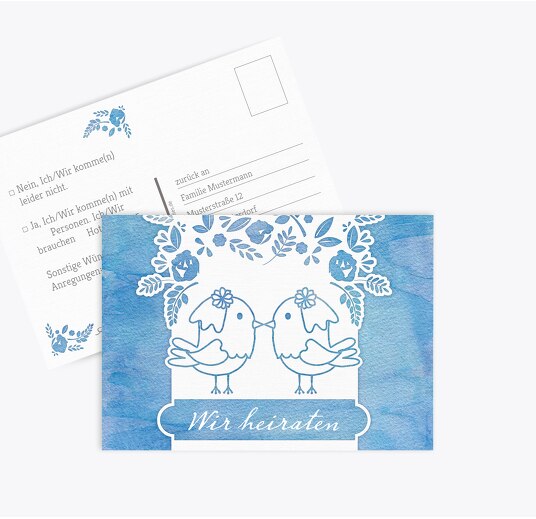 Antwortkarte Vogelpaar - Frauen MattBlau 148x105mm