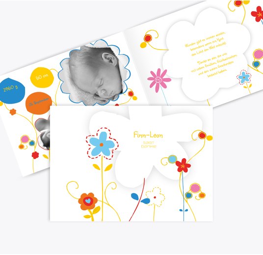 Baby Dankeskarte Zauberblumen KräftigHellGelb 148x105mm