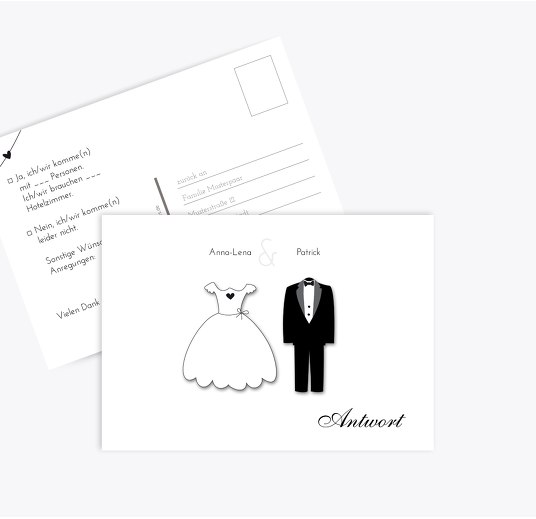 Hochzeit Antwortkarte dress and suit Weiß 148x105mm