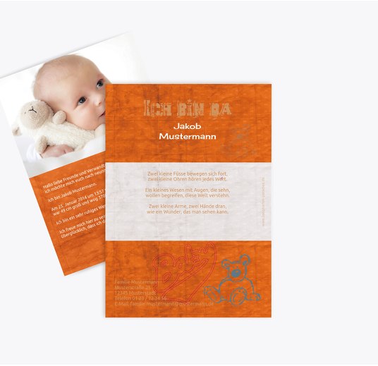 Geburtskarte Teddy-Star Orange 105x148mm