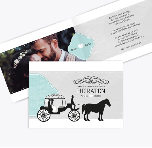 Hochzeit Einladung Kutsche PastellHellTürkis 148x105mm