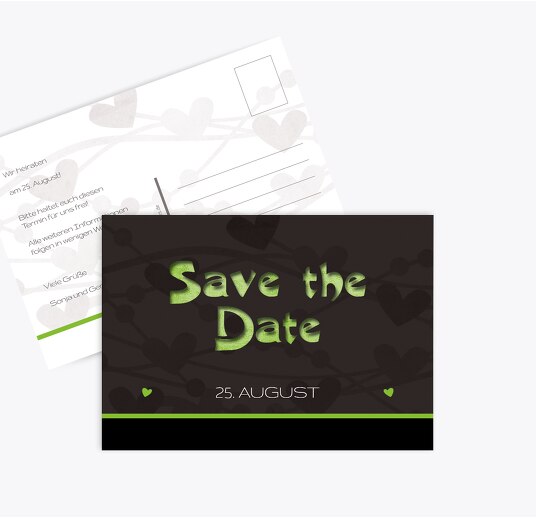Hochzeit Save the Date wilde Herzen Grasgruen 148x105mm