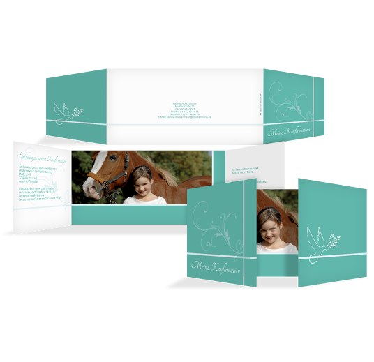 Einladungskarte zur Konfirmation floral AquaTürkis 215x105mm