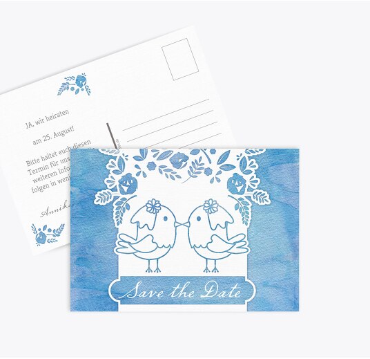 Save-the-Date Vogelpaar - Frauen MattBlau 148x105mm