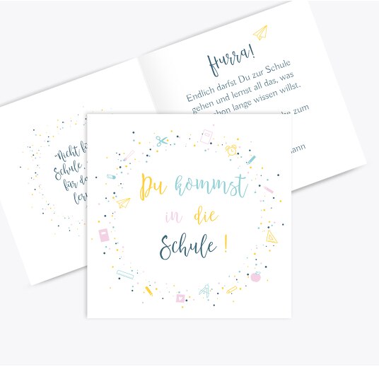 Glückwunschkarten Einschulung Bunt Sonnengelb 145x145mm