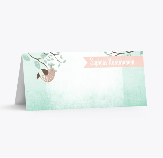 Tischkarte Kommunion Vögelchen PastellHellTürkis 100x44mm