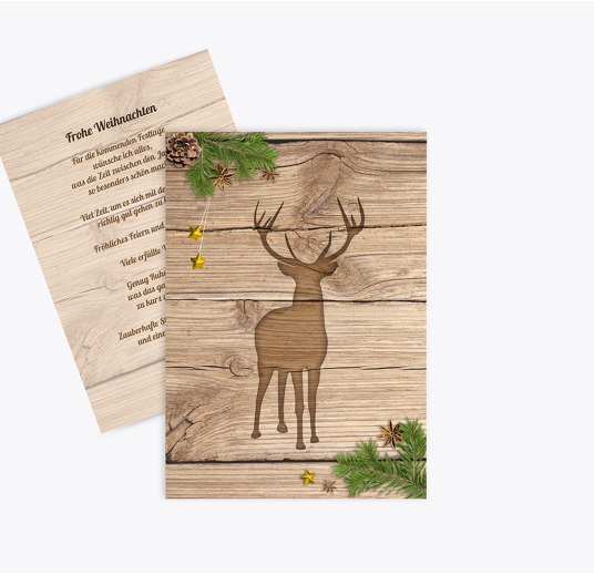 Weihnachtsgrußkarte Holzhirsch Sonnengelb 105x148mm
