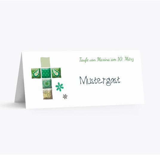 Tischkarte Florales Kreuz Blattgrün 100x44mm