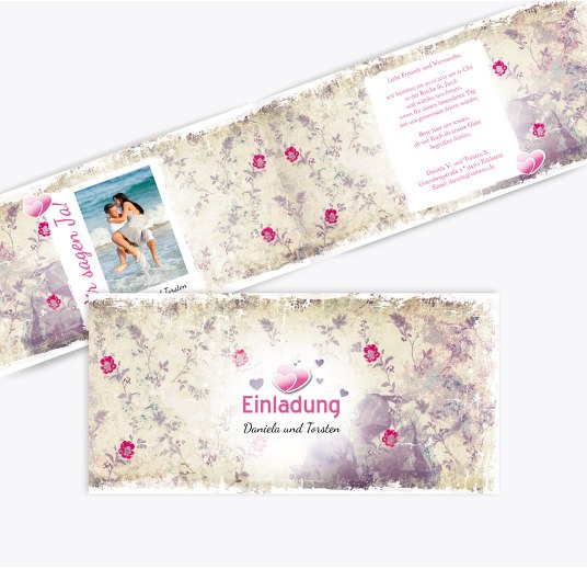 Hochzeit Einladung Din romantische Liebe OrangehellRot 215x105mm