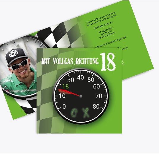 Geburtstagseinladung Vollgas 18 Grasgruen 145x145mm