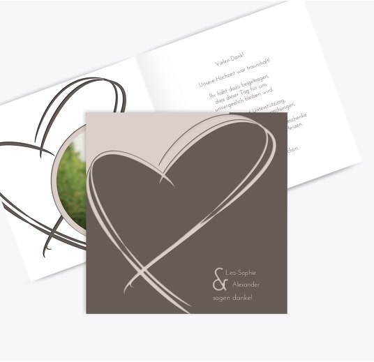 Hochzeit Dankeskarte Doppelherz DunkelgrauBraun 145x145mm